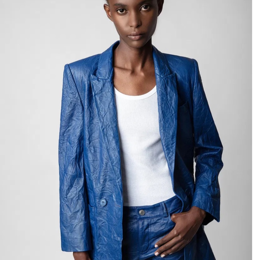 Zadig & Voltaire Crinkled Leather Viskio Blue Blazer NWOT